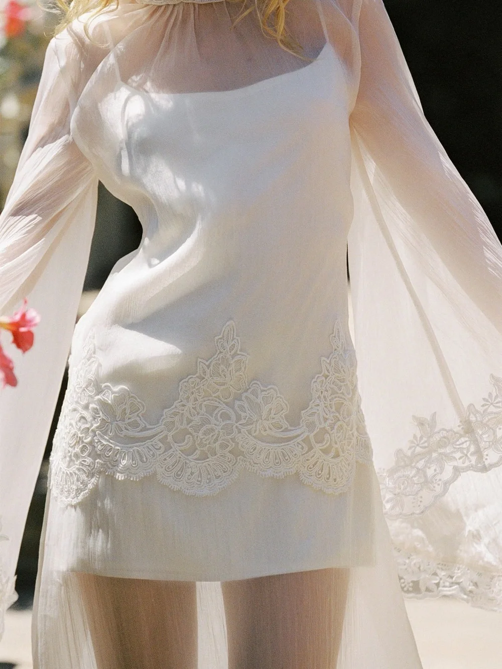 Sheer Lace-Trim Long Robe in Ivory